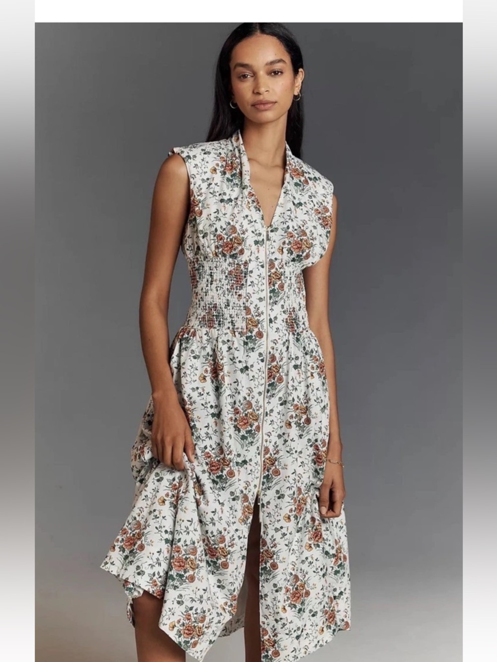 Anthropologie The Tommie Cap-Sleeve Floral Smocked Front-Zip Shirt Dress XL